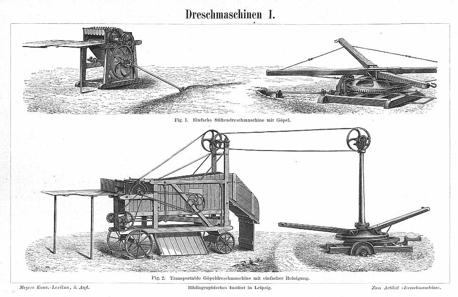 Meyers Konversationslexikon, 5. Auflage, über die Dreschmaschine