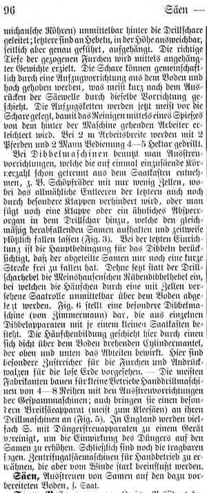 Meyers Konversationslexikon, 5. Auflage über Säemaschinen